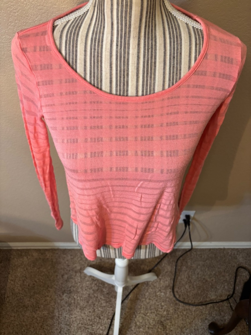 Forever 21 Top Small Coral Pink Semi-Sheer Striped Long-Slv Boat Neck Stretch - Picture 2 of 14